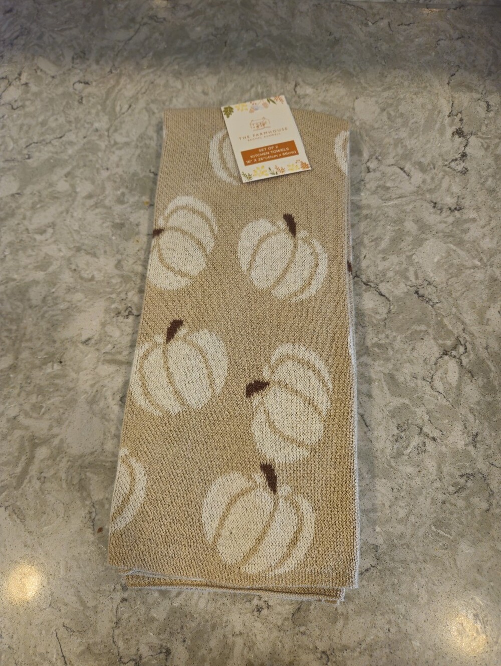 Rachel Ashwell The Farmhouse Set Of 2 Sweater Knit Cream Pumpkin Kitchen Towels